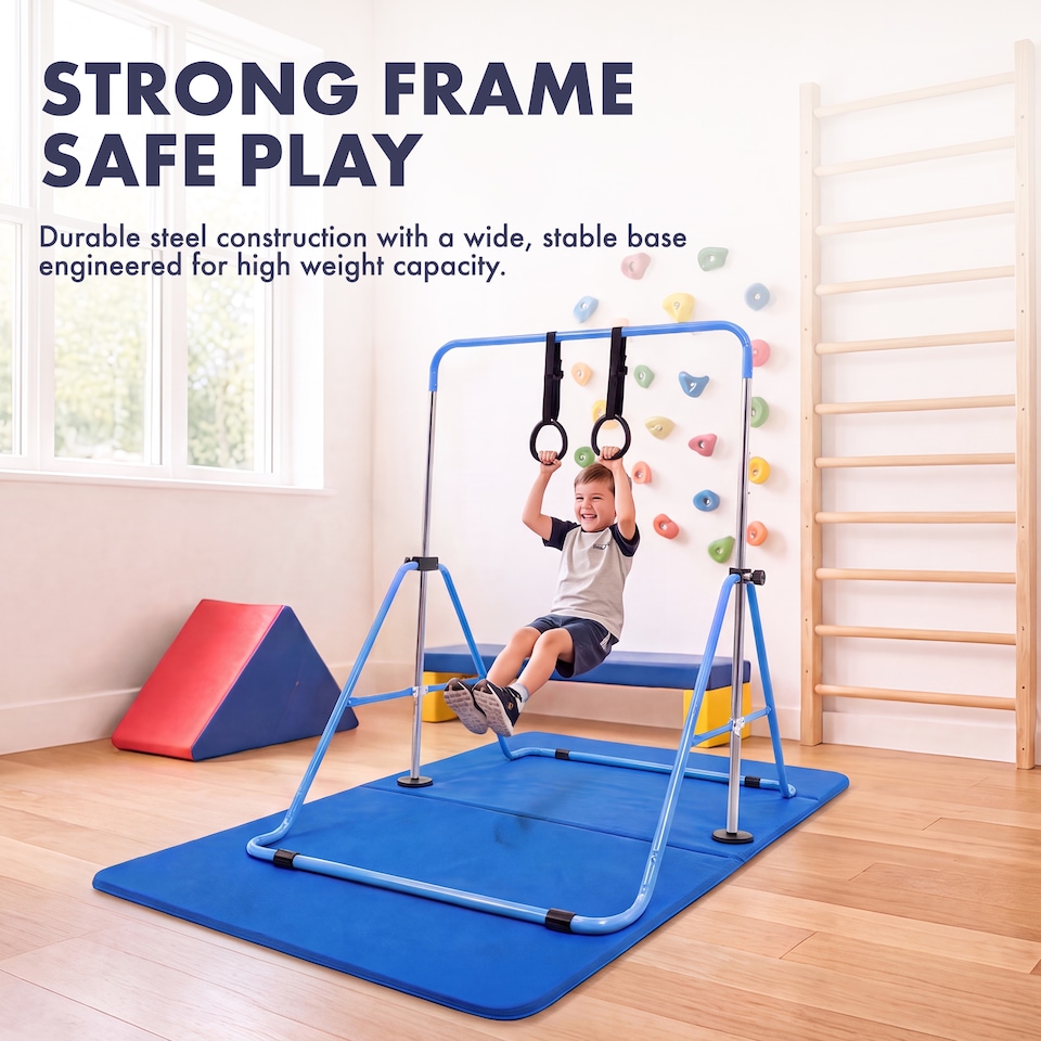 image 1 of Kayman Gymnastics Bar and Floor Mat Set for Kids with Training Rings