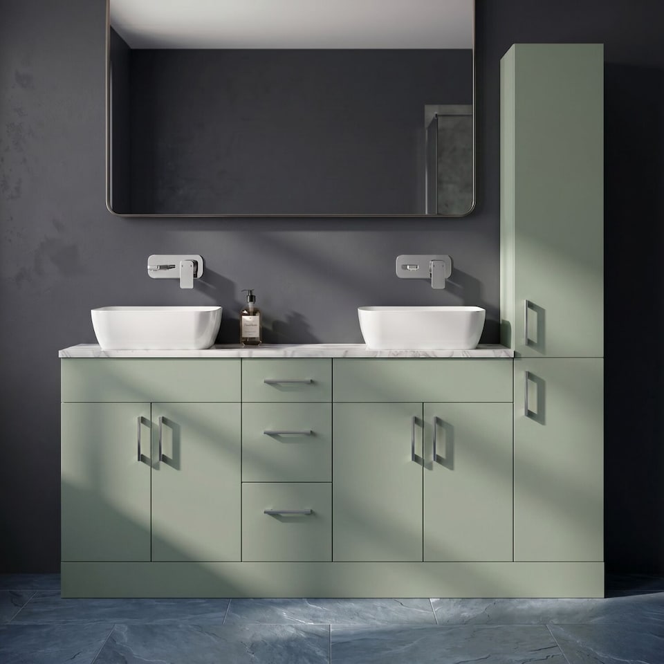 image 1 of Balterley Wichnor Floor Standing 4 Door 3 Drawer Vanity Combination Unit with Tall Unit, Laminate Worktop and Countertop Vessel, 1800mm, Fern Green