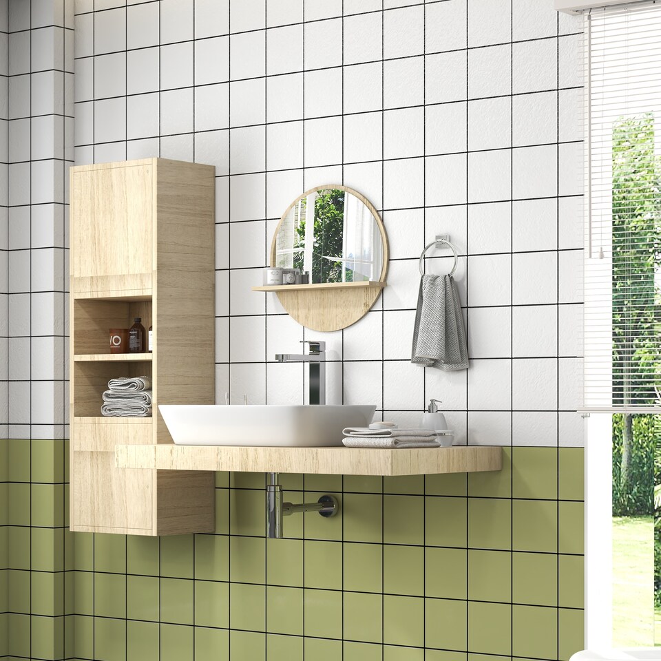 image 1 of kleankin Round Mirror for Wall Makeup Mirror with Shelf Natural Wood Effect