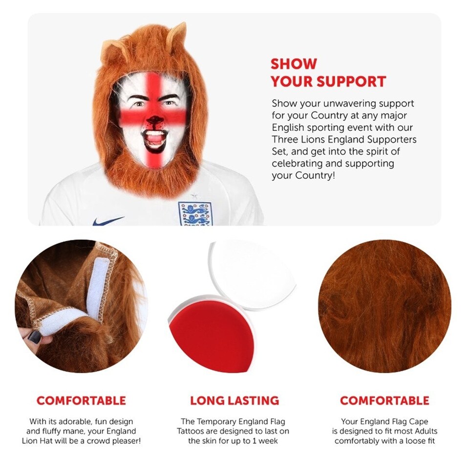 image 1 of Pack of 1 Three Lions England Set - Lion Manes & Face Paint Red | One Size