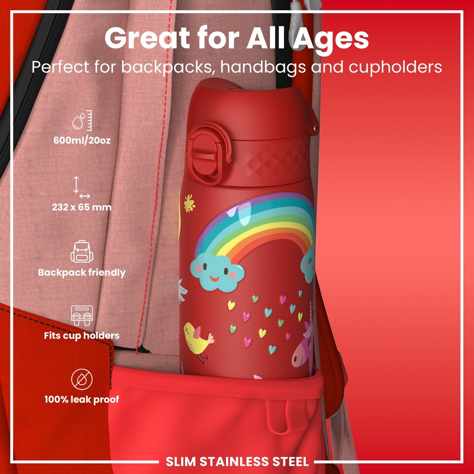 image 1 of Leak Proof Slim Water Bottle, Stainless Steel, 600ml (20oz) | Red | Unicorns Red | One Size