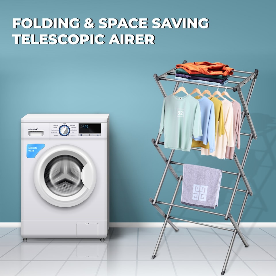 image 1 of 3 Tier Extendable Winged Clothes Airer Folding Laundry Drying Rack for Indoor/Outdoor Use