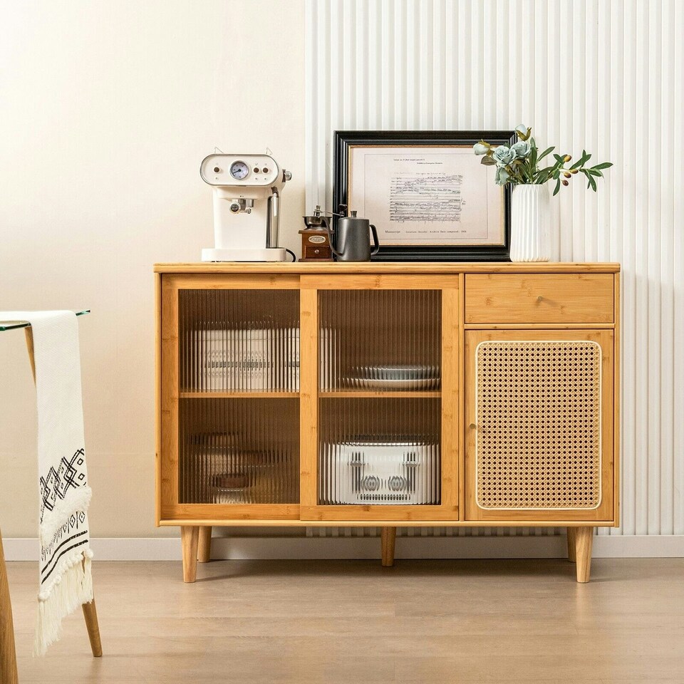 image 1 of COSTWAY Kitchen Buffet Sideboard Storage Cabinet Cupboard Brown