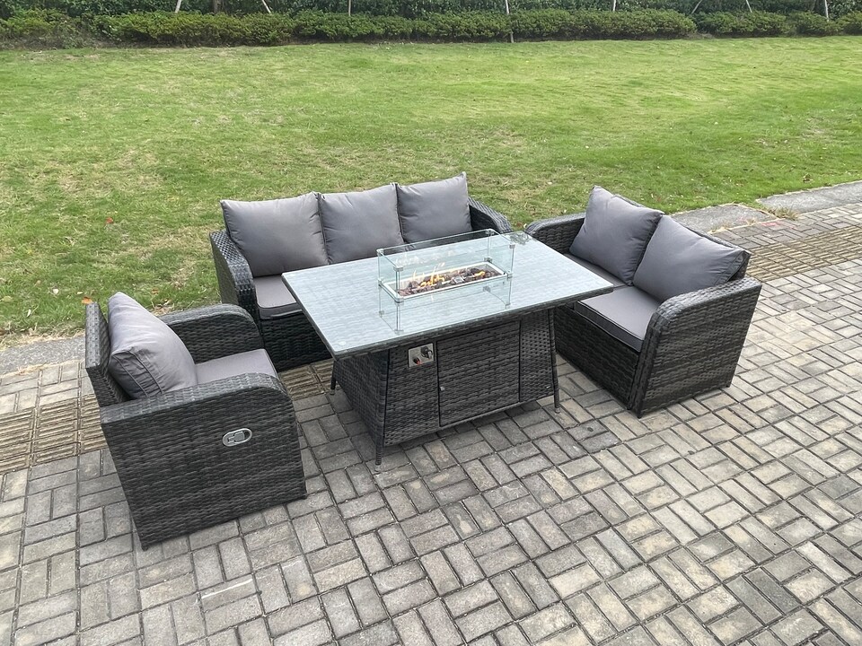 image 1 of Fimous Rattan Garden Furniture Set with Fire Pit Table 6 Seater Outdoor Lounge Sofa Set Dark Grey Mixed