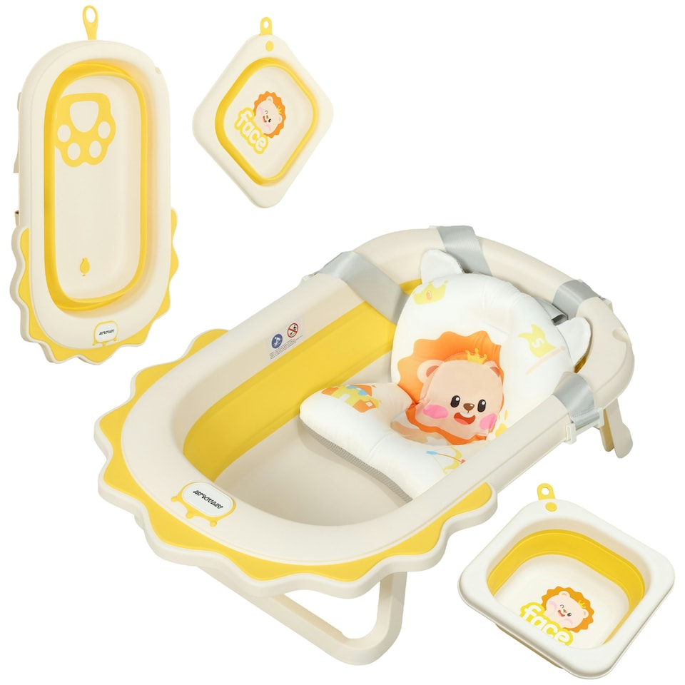 image 1 of AIYAPLAY Foldable Baby Bath Tub Set with Bath Cushion, Wash Basin, Yellow