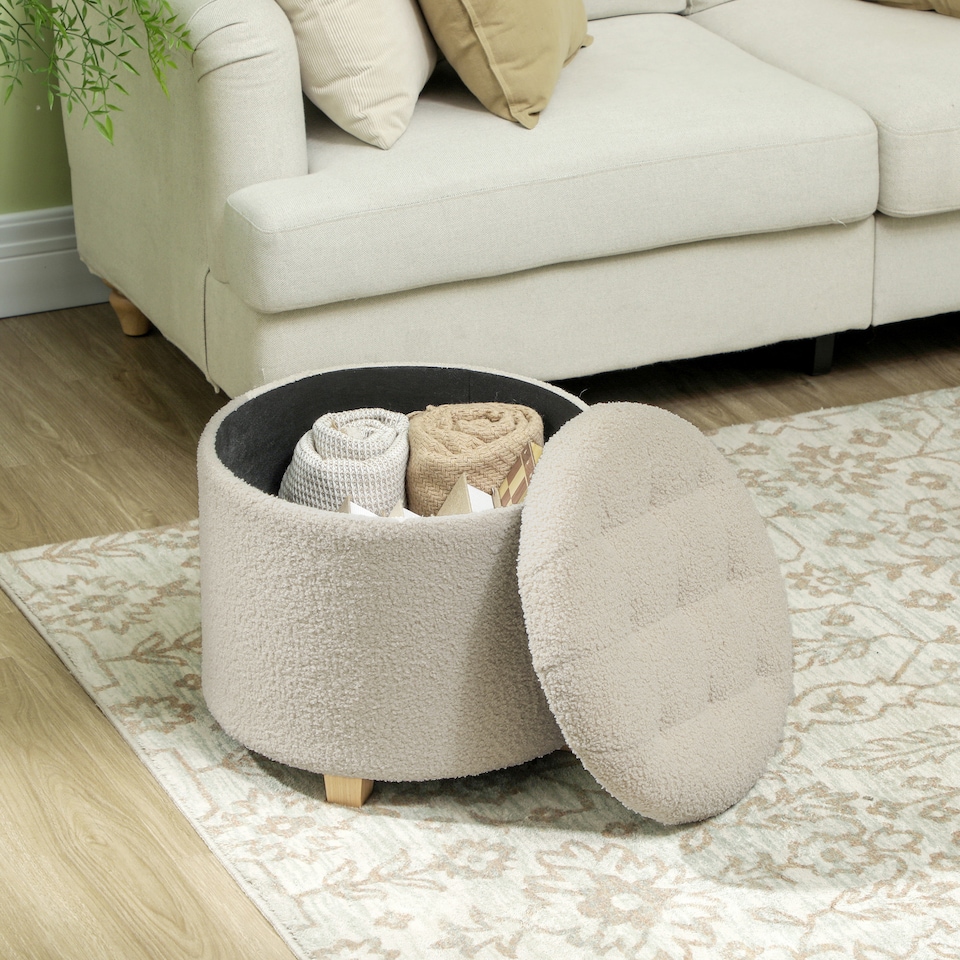 image 1 of HOMCOM 45cm Round Storage Ottoman, Teddy Fleece Footstool with Removable Lid and Wood Legs, Button Tufted Vanity Stool for Living Room Bedroom Hallway, Cream White | Cream
