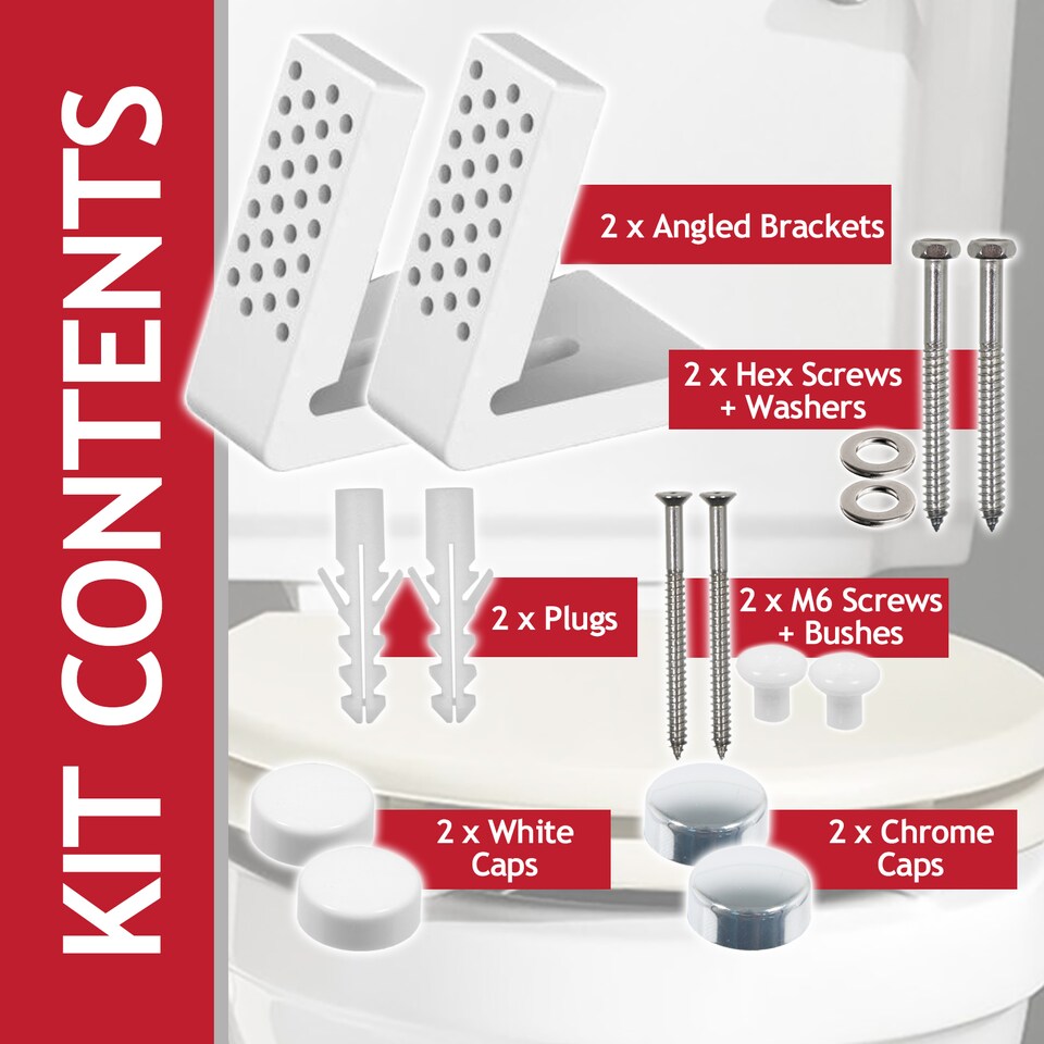 image 1 of SPARES2GO Toilet Pan Fixing Kit Angled Floor WC Bidet Basin Bathroom Bracket Set (White and Chrome Silver Cap Covers)