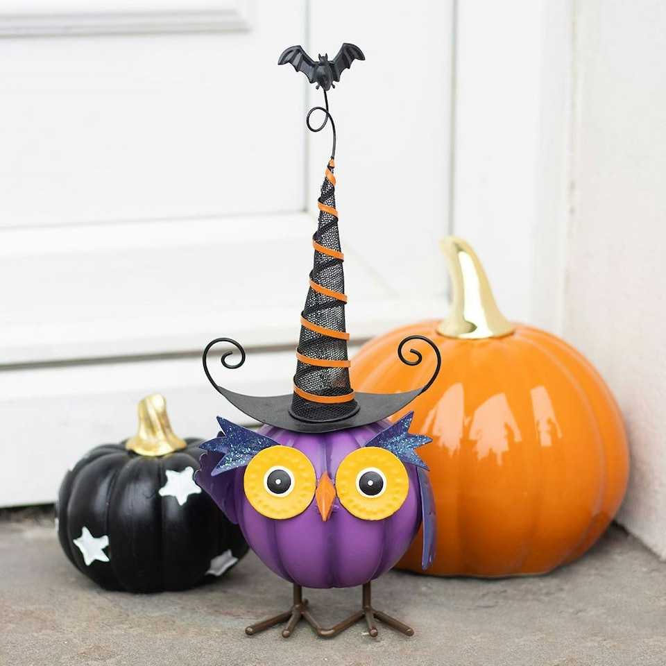 image 1 of Purple Metal Owl Ornament with Witch Hat