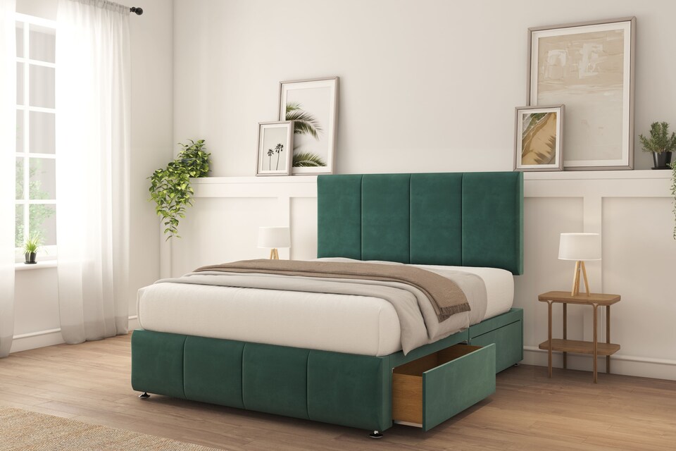 image 1 of Sloomy Lisbon Emerald Plush Divan Bed With Mattress 2 Drawers Left 26" Strutted Headboard & 12" Footboard 4' Small Double