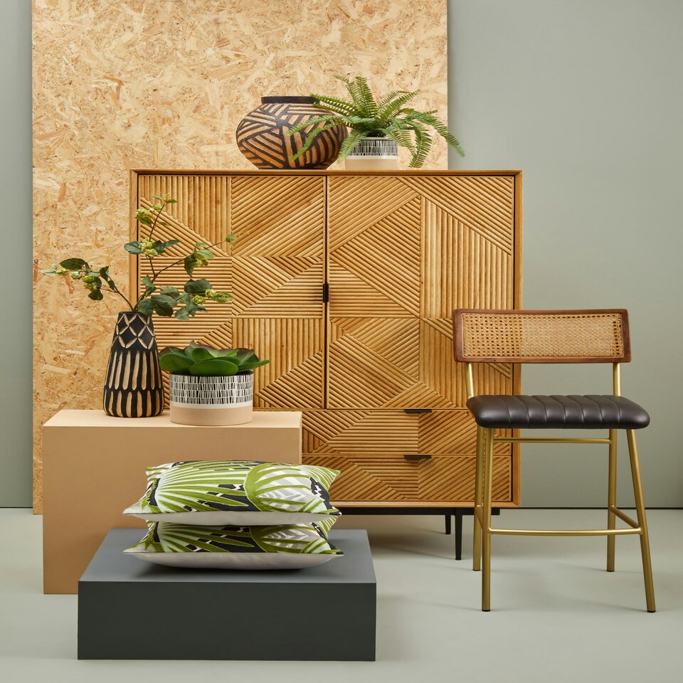 image 1 of Interiors by Premier Natural Wooden Cabinet, Carved Geometric Wood-Effect Front, Rustic Wood Storage Cabinet on Black Metal Legs Brown