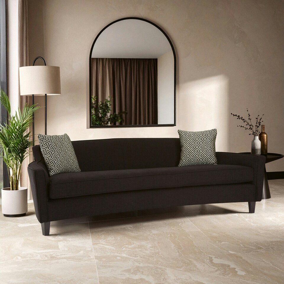 image 1 of Sturdy Black Dimity Fabric 3 Seat Sofa, Stylish Mid Century Sofa For Bedroom, Comfortable 3 Seater Sofa Black