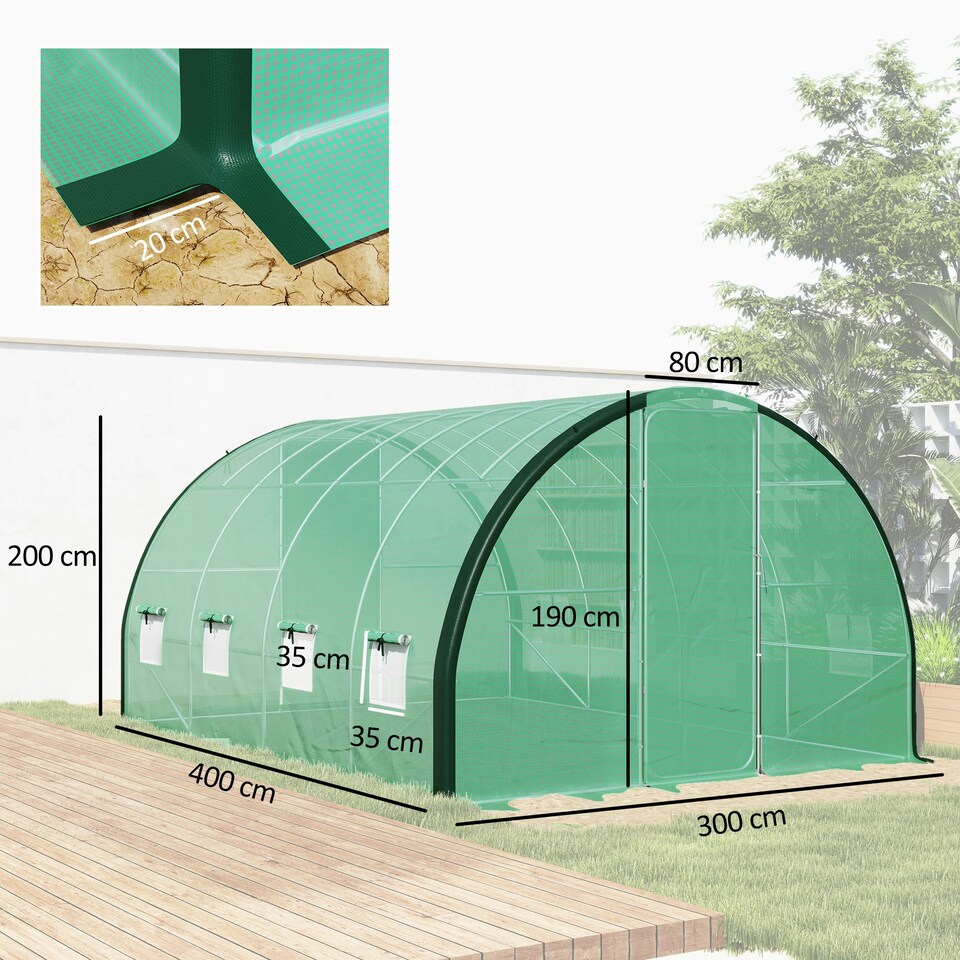 image 1 of Outsunny Tunnel Greenhouse Upgraded Structure, Hinged Doors, 4 x 3(m), Green