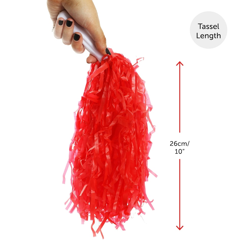 image 1 of White and Red Pom Poms – Pair with Handle Cheerleader Shakers 80g Fancy Dress N/A | One Size