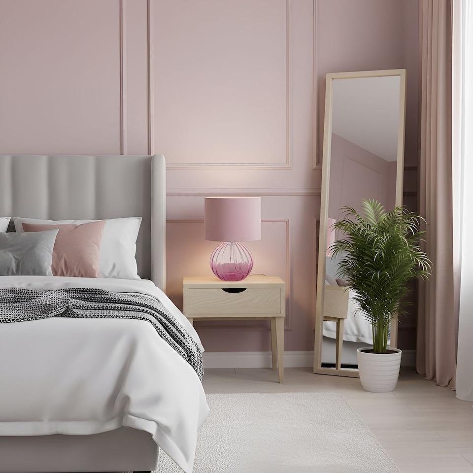 image 1 of Contemporary Lilac Ribbed Glass Table Lamp with Velvet Fabric Shade