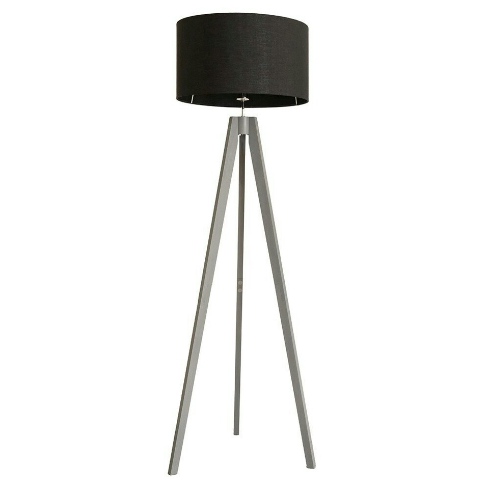 image 1 of ValueLights Jackson Grey Wood Tripod Floor Lamp with Black Fabric Lamp Shade