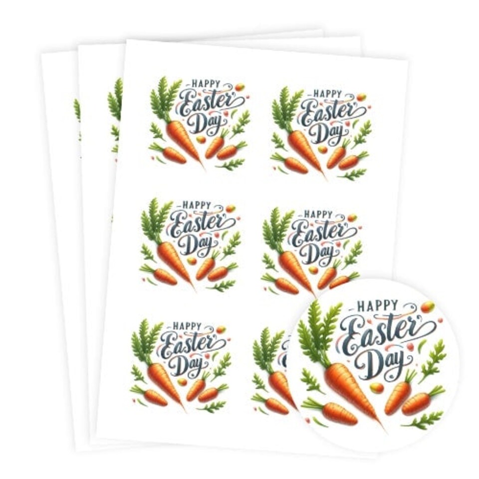 image 1 of Happy Easter Carrots Round Stickers 88mm - Sheet of 6