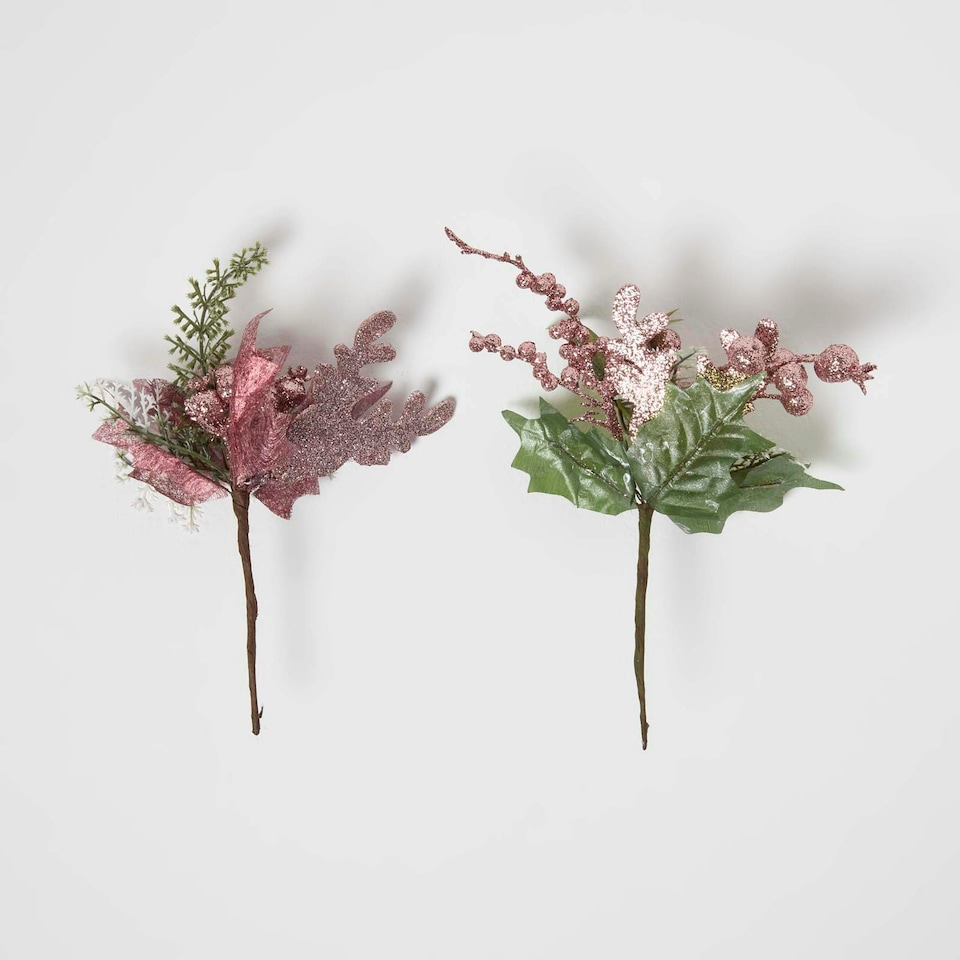 image 1 of Homescapes Pink Glitter Berry and Apples Christmas Decorations, Set of 2