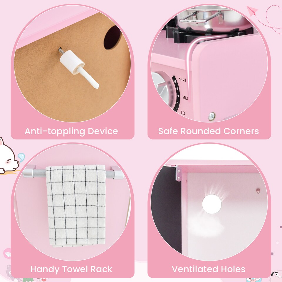 image 1 of COSTWAY Wooden Play Kitchen Kids Pretend Play Toy Microwave Ice Make Pink