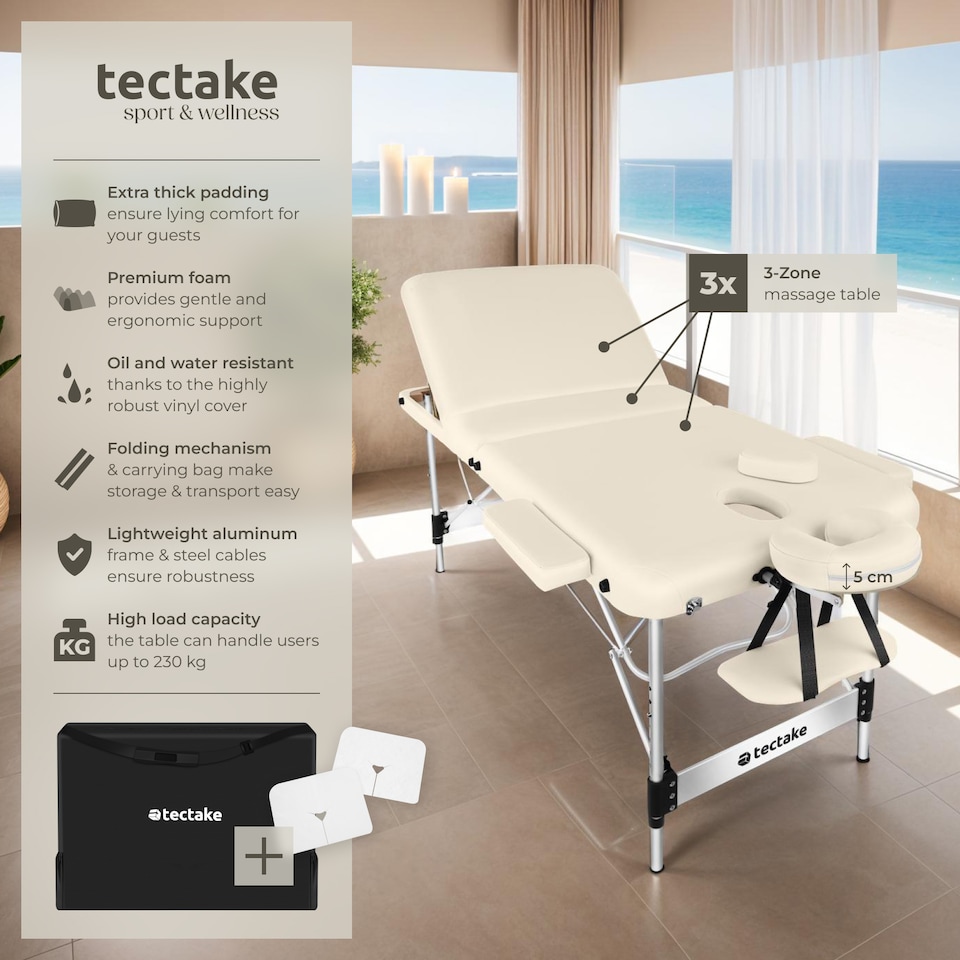 image 1 of Massage Table Ko Tao - 3 zones, 78cm wide, aluminium frame, folding, carry bag | Cream | beige | 1