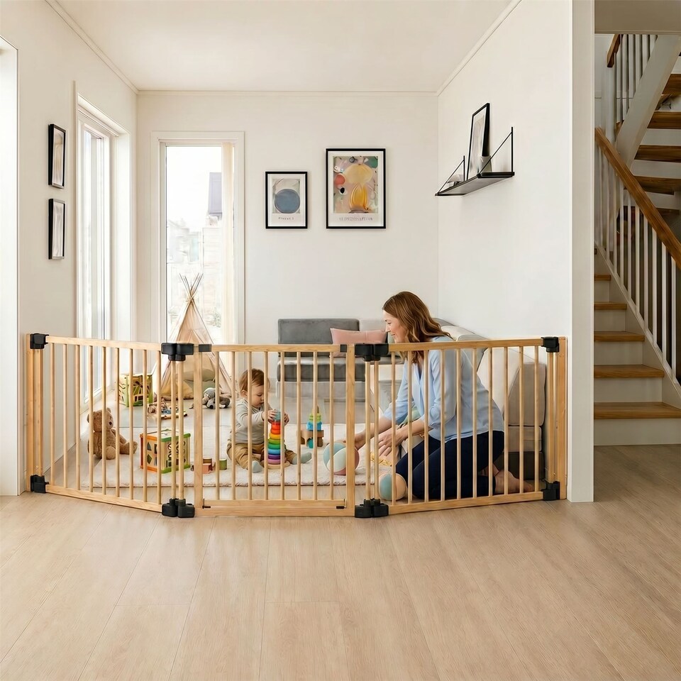 image 1 of Safetots Wooden Multi Panel Room Divider, up to 136cm, Natural Wood, 76cm Tall, Flexible Room Divider for Baby and Toddler | Cream | Natural