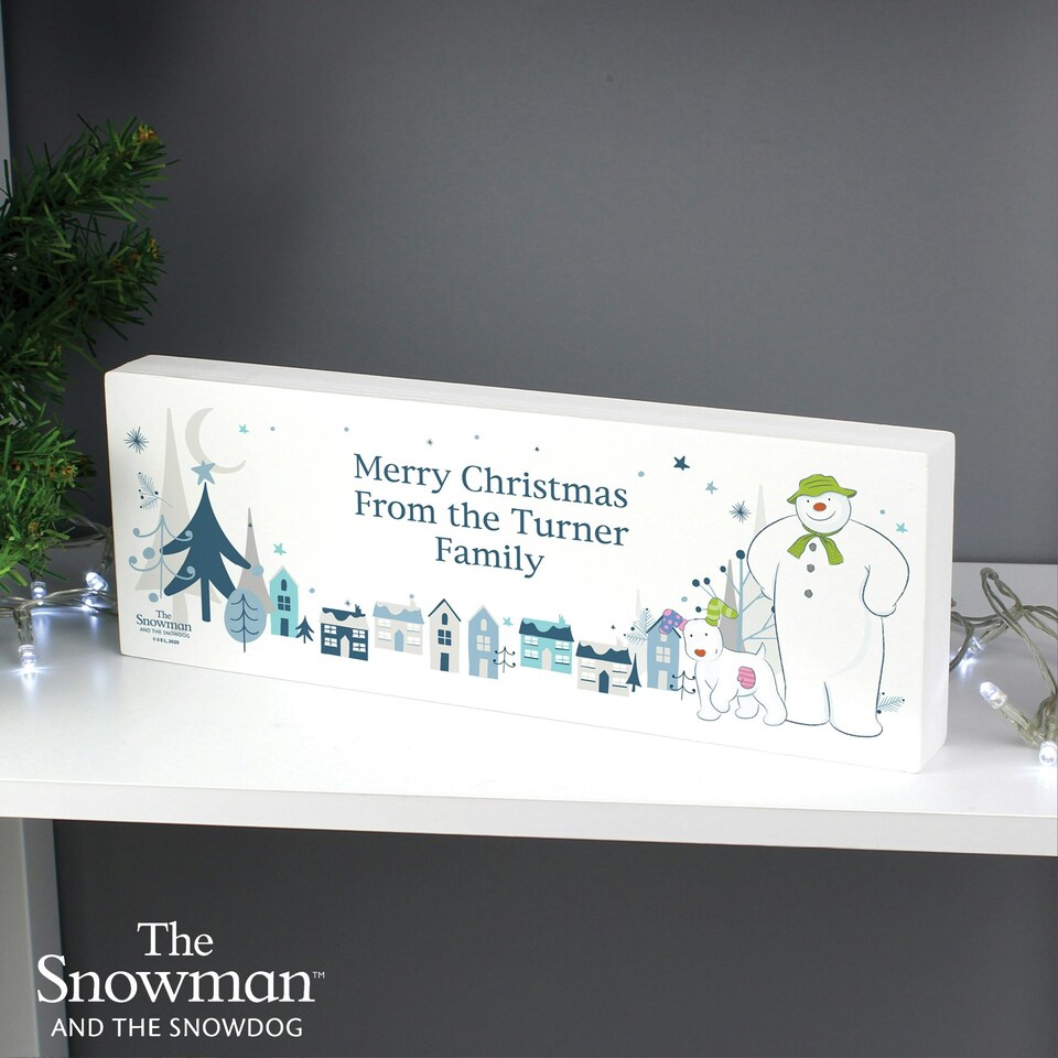image 1 of Personalised The Snowman and the Snowdog Wooden Mantel Decoration