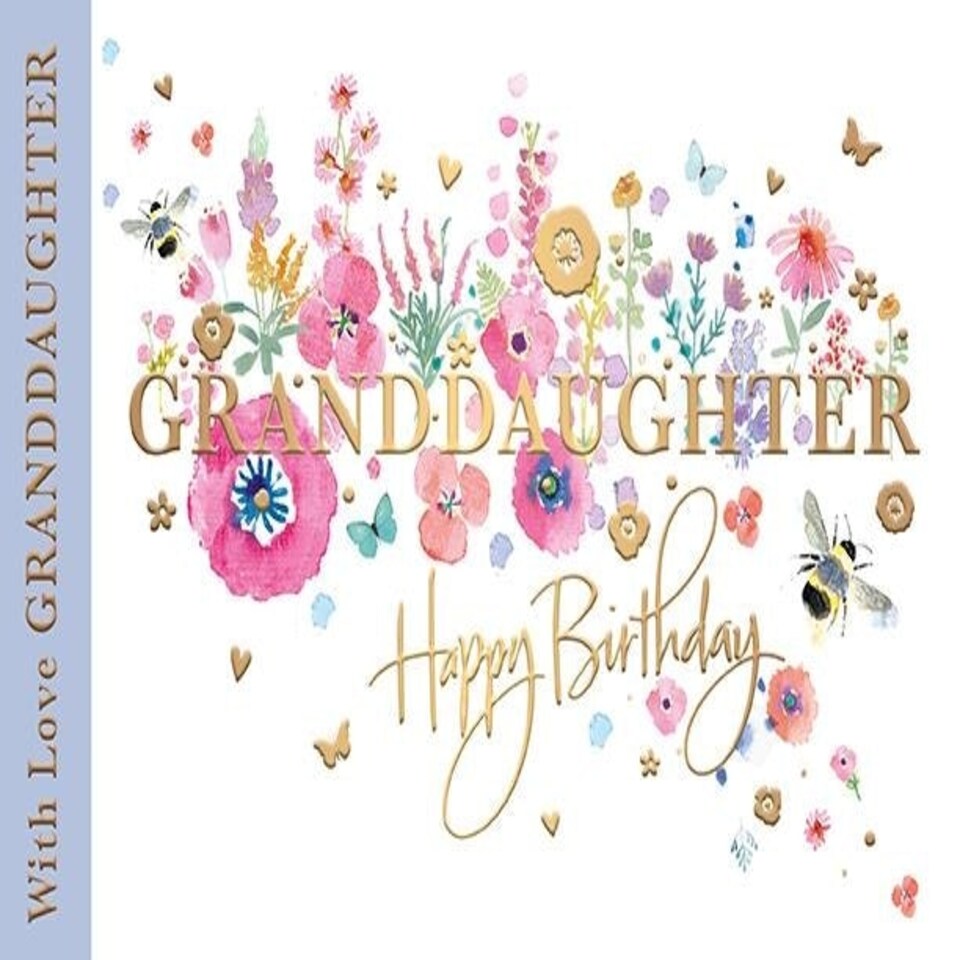Words 'n' Wishes Granddaughter Female Birthday Card for Women/Girls - Bumblebees, Poppies & Floral Meadow with Embossed Gold Foil - Eco-Friendly