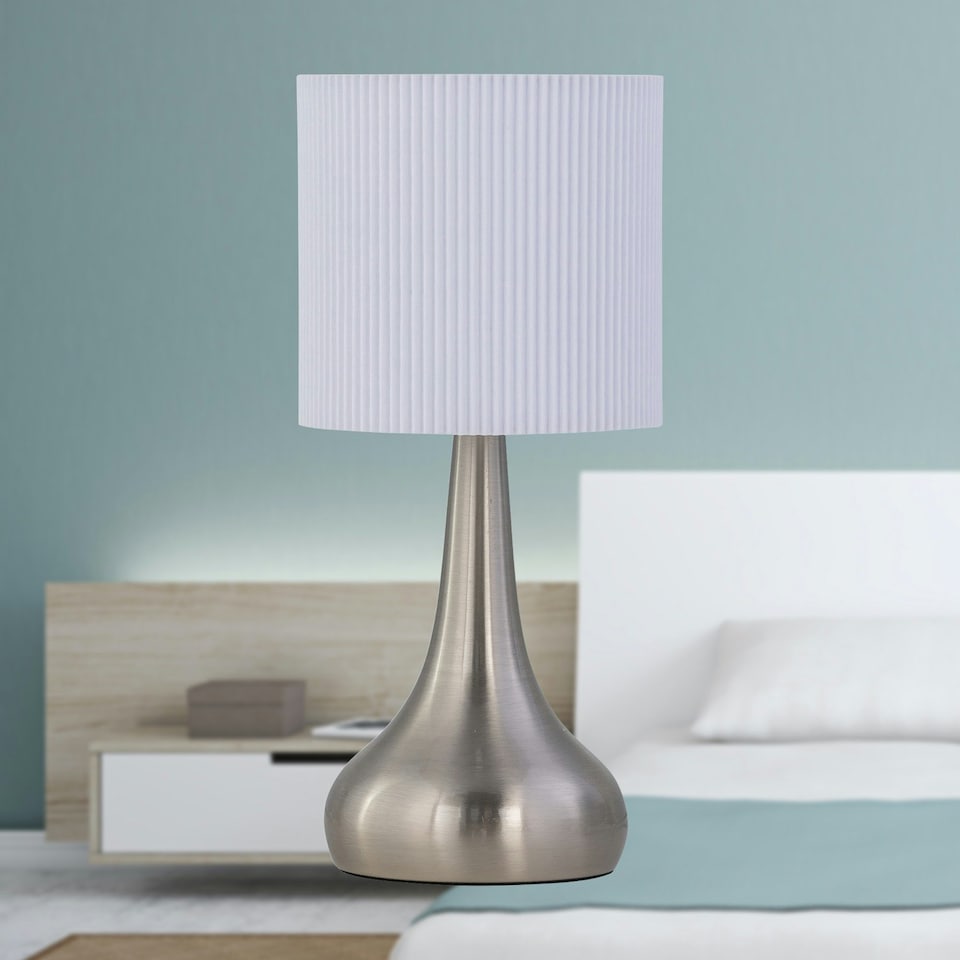 image 1 of Romana - Brushed Chrome Touch Operated Table Lamp with White Pleated Shade Silver | White