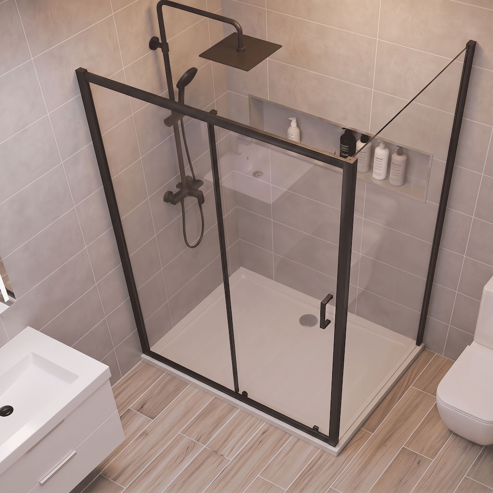 image 1 of Balterley Toughened Safety Glass Reversible Sliding Shower Door | Black | Matt Black | 1