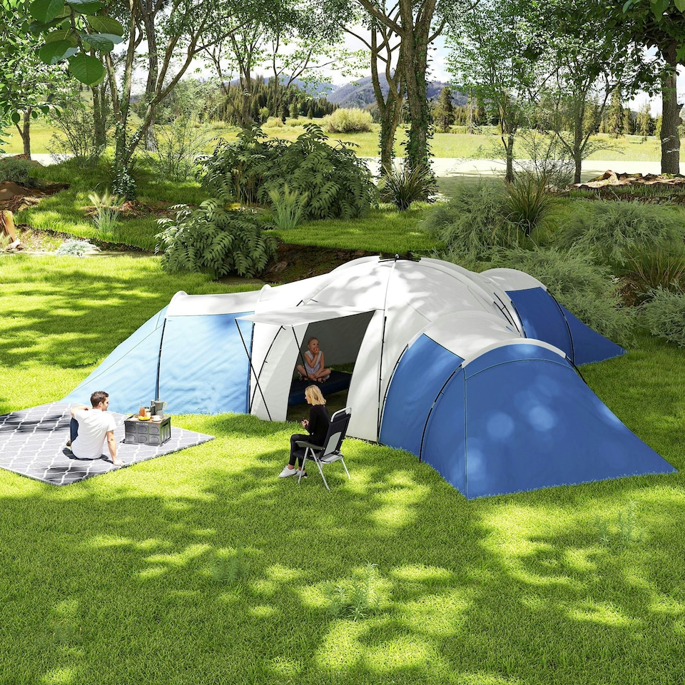 image 1 of Outsunny Large Tunnel Tent with 3 Bedroom, Living Area and Porch, Blue Blue | Blue