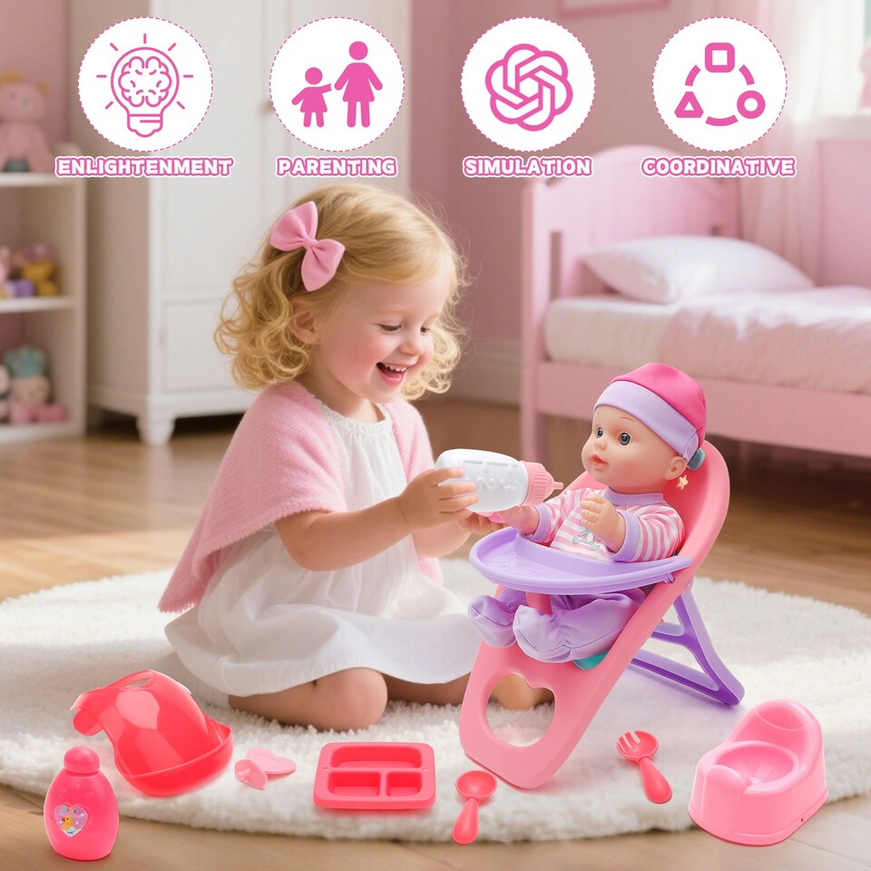 image 1 of 13 Inch Baby Doll Play Set My First Baby Doll with Swinging Crib High Chair and Feeding Accessories Pretend Play Girls Toys