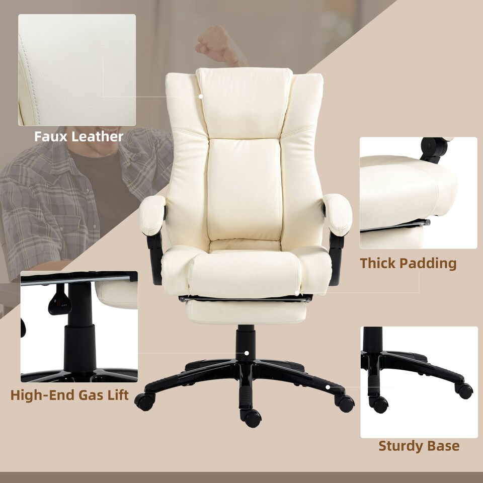 image 1 of Vinsetto Executive Home Office Chair High Back Recliner, with Foot Rest, Cream