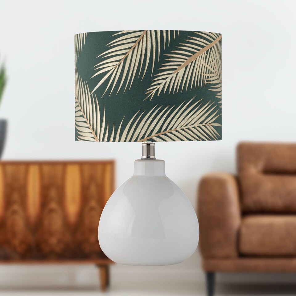 image 1 of Set of 2 Tuscan - White Ceramic Lamps with Tropical Green Shade | White | Green | Medium | 2