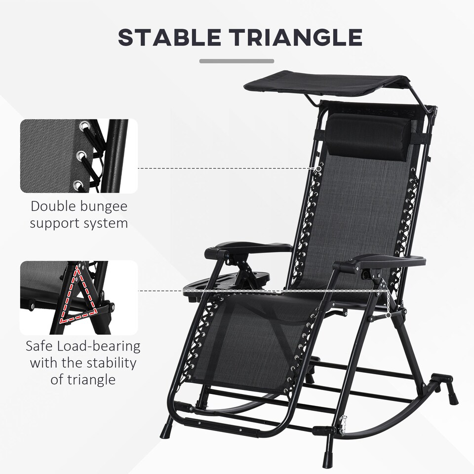 image 1 of Outsunny Garden Rocking Chair Folding Recliner Outdoor Adjustable Sun Lounger Rocker Zero-Gravity Seat with Headrest Side Holder Patio Deck - Black