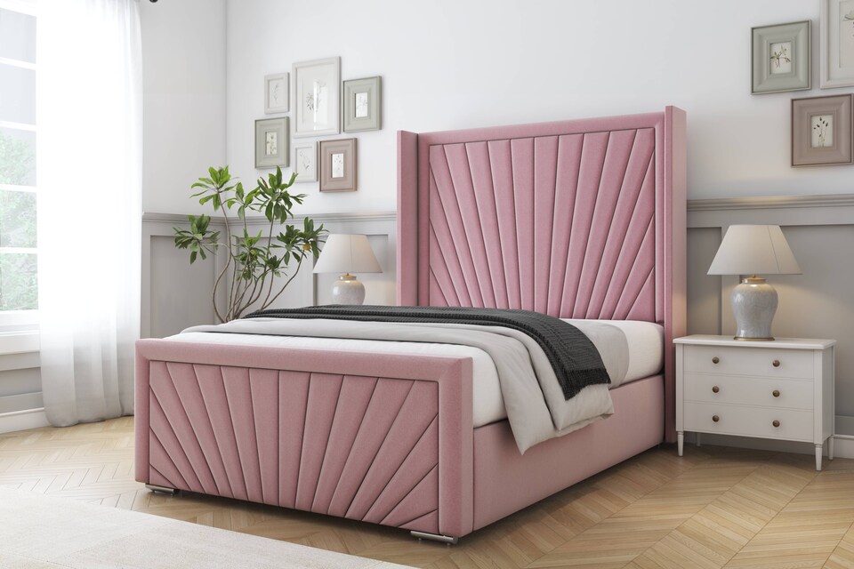 image 1 of Sloomy Rutherford Pink Plush Bed Frame With 50"  Upholstered Wingback Headboard 4'6 Double