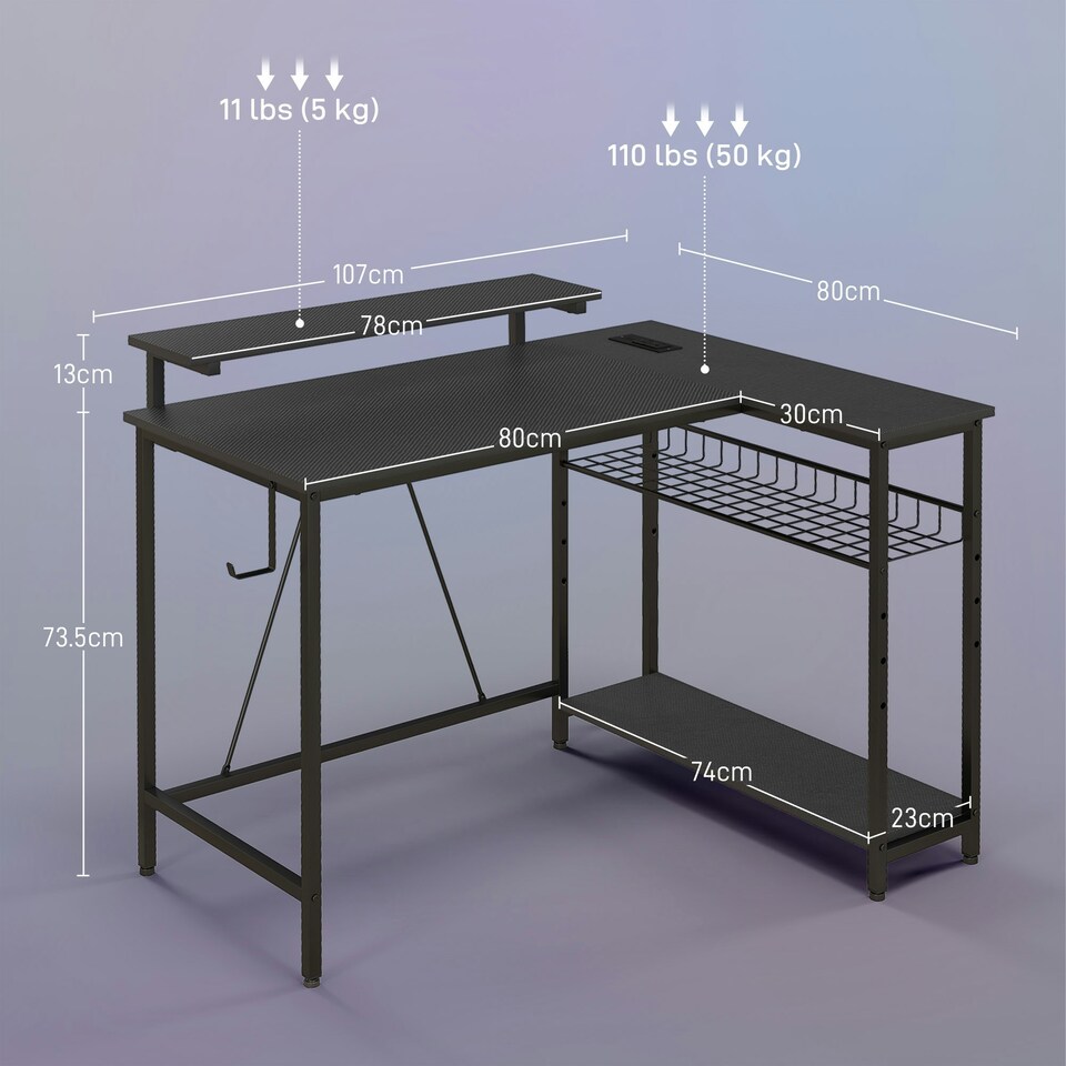 image 1 of HOMCOM L Shaped Desk with LED Lights Reversible Corner Gaming Desk with Storage