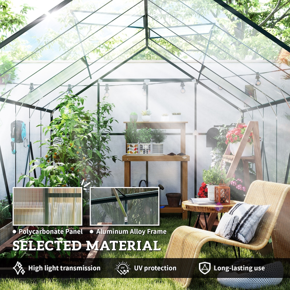 image 1 of Outsunny 8x12ft Polycarbonate Walk-in Greenhouse Outdoor w/ Double Sliding Door | Clear