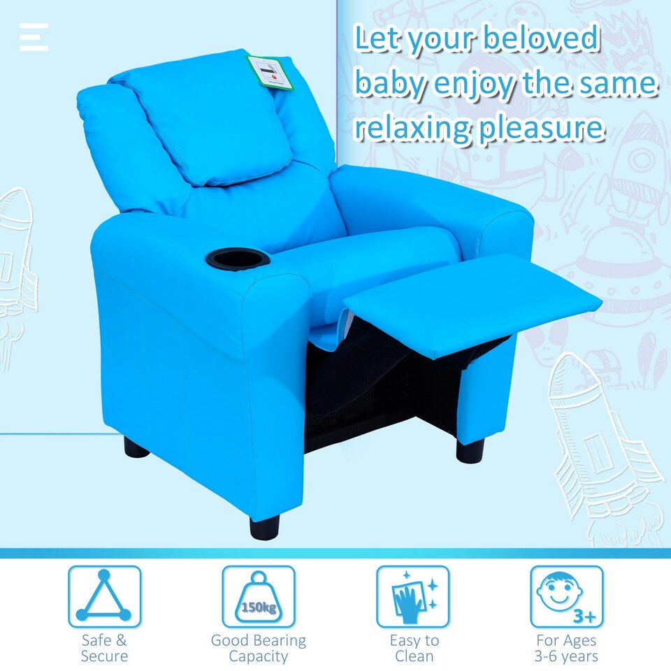 image 1 of HOMCOM Kids Recliner Chair w/ Cup Holder, PU Leather Children Lounger, Blue Blue