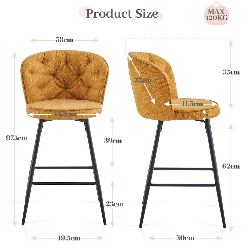 image 1 of SONARA Set of 2 Blended Woven Fabric Counter Height Bar Stools with Backrest | Yellow