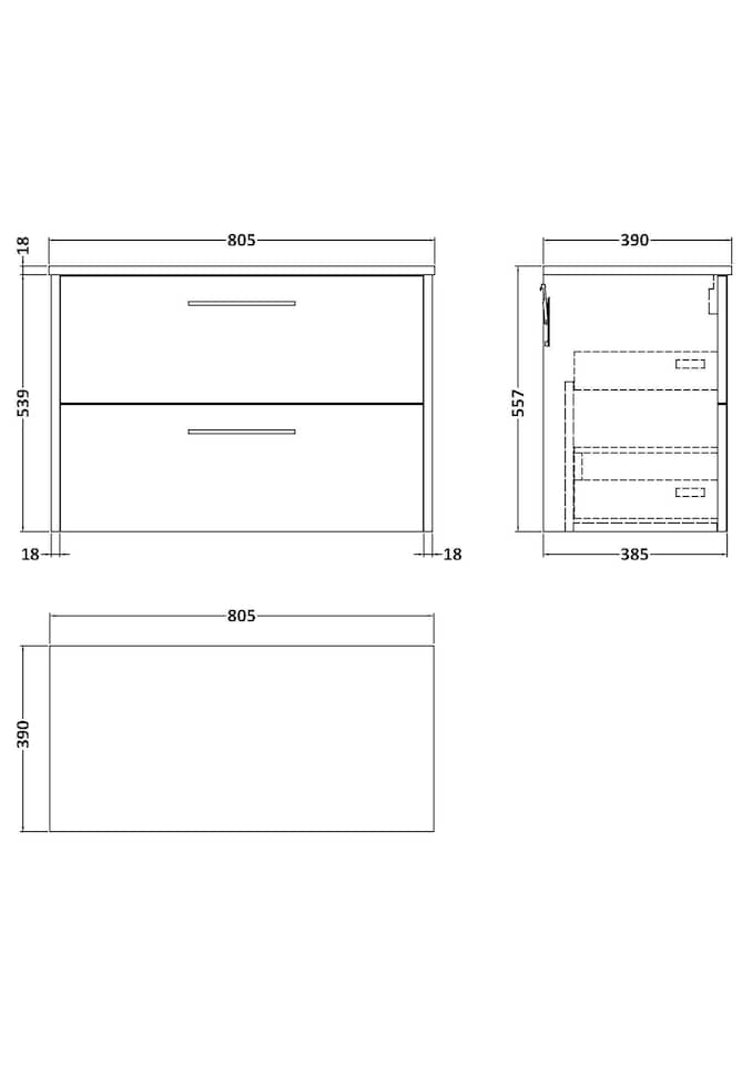 image 1 of Balterley Winshill Contemporary 2 Drawer Wall Hung Vanity Unit with Worktop, Woodgrain Dark Grey, 800mm