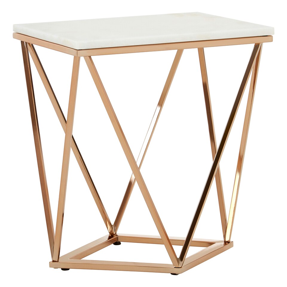 image 1 of Champagne Finish End Table With Rose Gold Legs,White Marble Top Side Table,Modern Prismatic Bedside Table