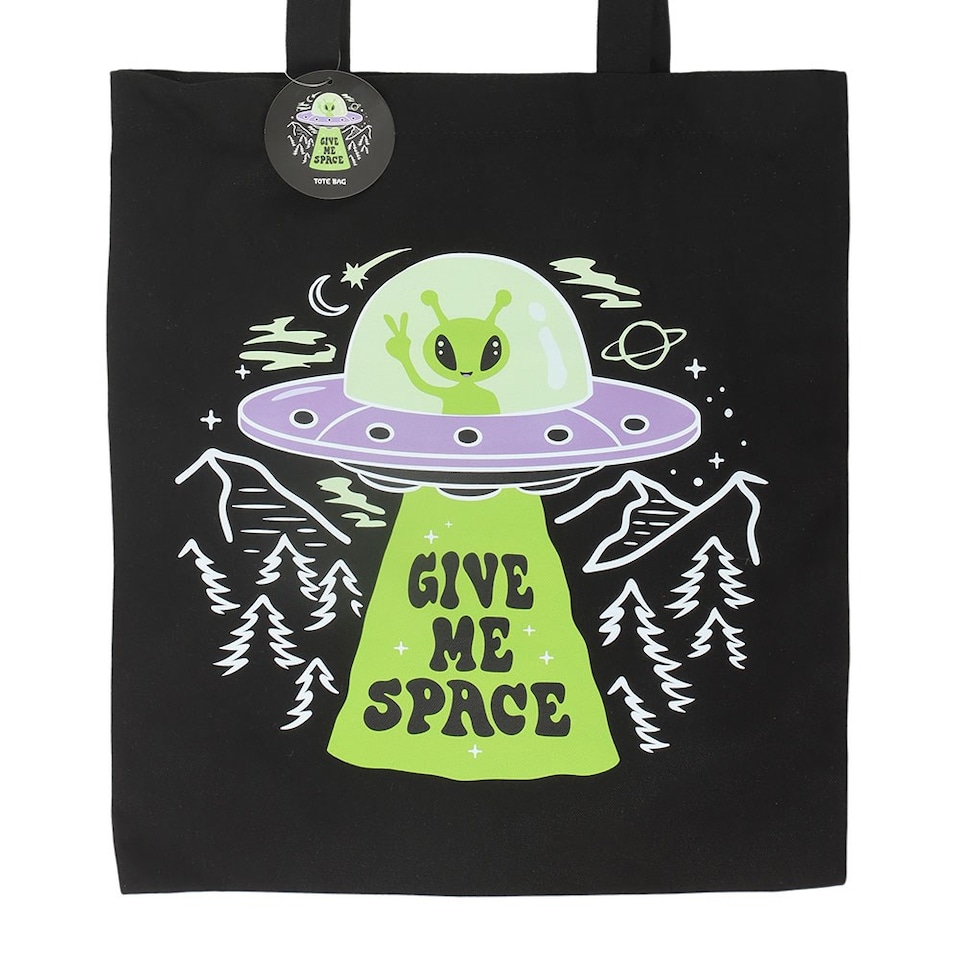 image 1 of Something Different Give Me Space Alien Tote Bag | Black | Black/Purple/Green | 1
