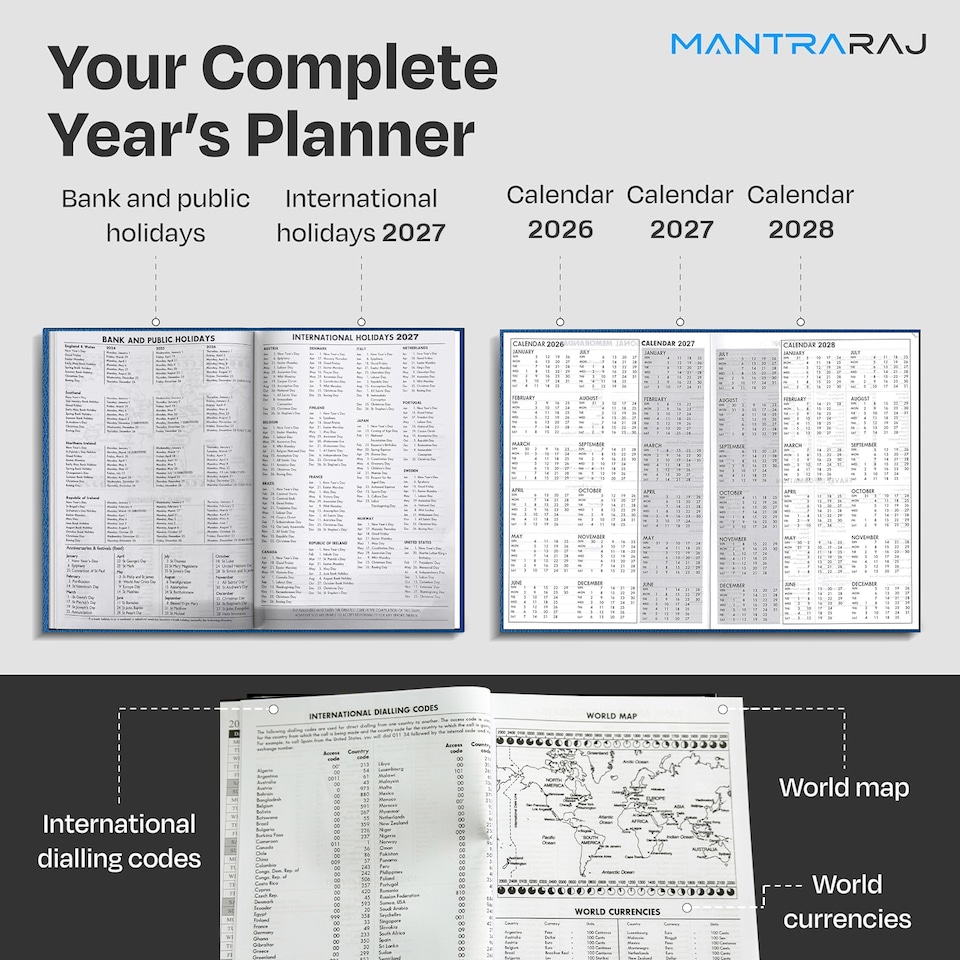 image 1 of MantraRaj 2027 Diary A5 2 Pages A Day Diary Hardback Year Planner Office Desk Diary (Blue)