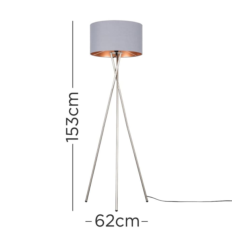 image 1 of ValueLights Camden Brushed Chrome Tripod Floor Lamp Grey Copper Shade and Bulb