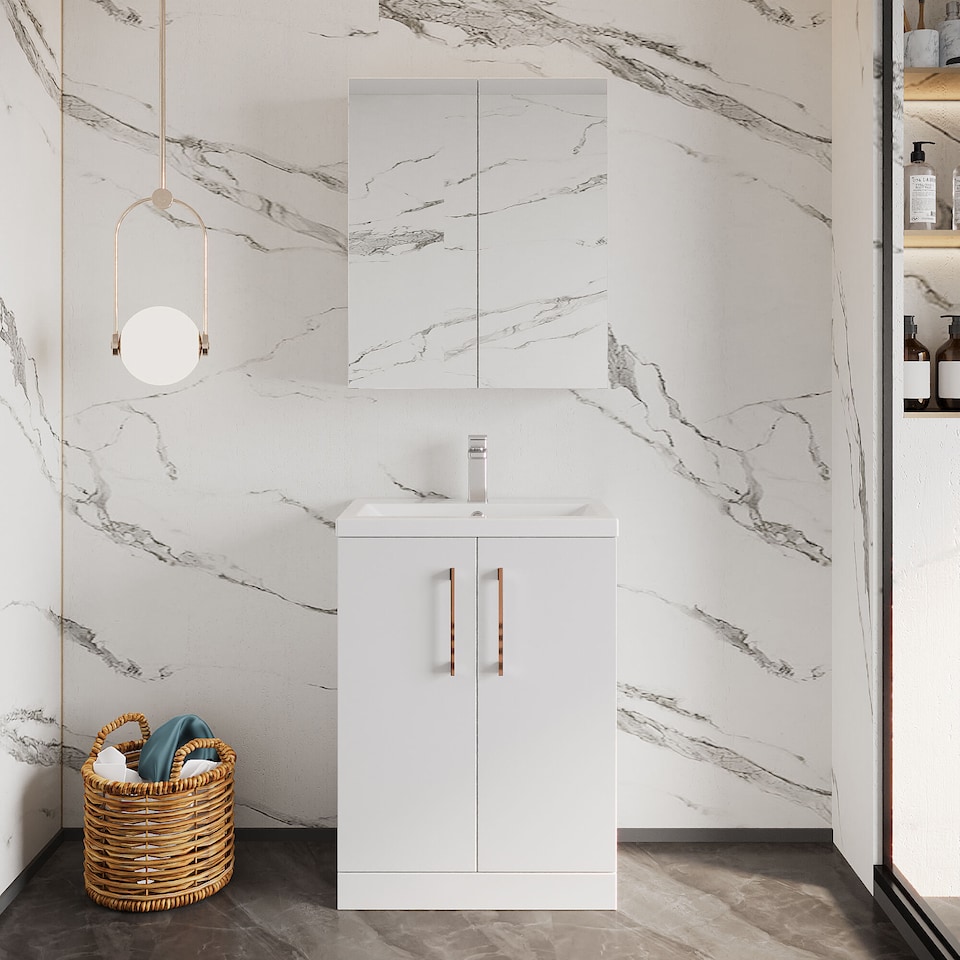 image 1 of Balterley Level Compact Bathroom Cloakroom Vanity Basin Unit with Ceramic Basin, Handles | White | Gloss White | 840 x 620 x 360mm