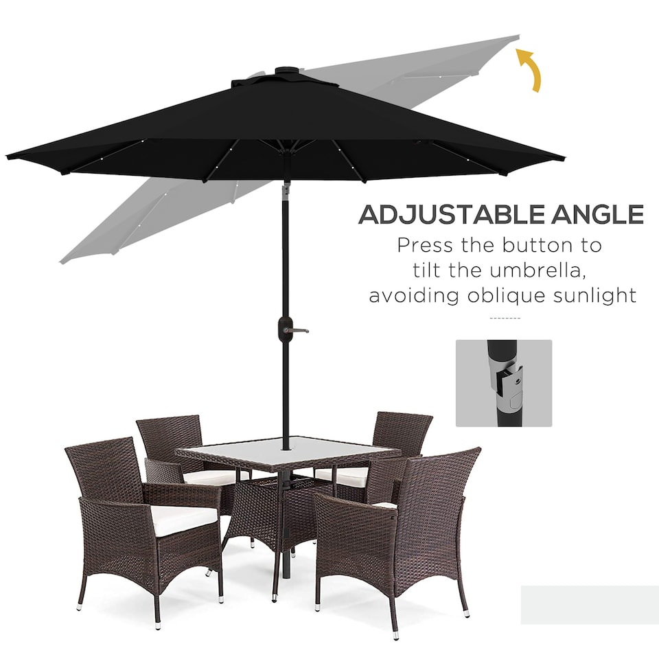 image 1 of Outsunny 2.7m Patio Garden Umbrella Outdoor Parasol Outdoor Market Table Umbrella with Tilt Crank and 24 LEDs Lights Black