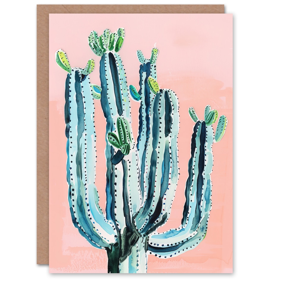 image 1 of Greeting Card Desert Cactus Pastel Colour Pink Teal Watercolour