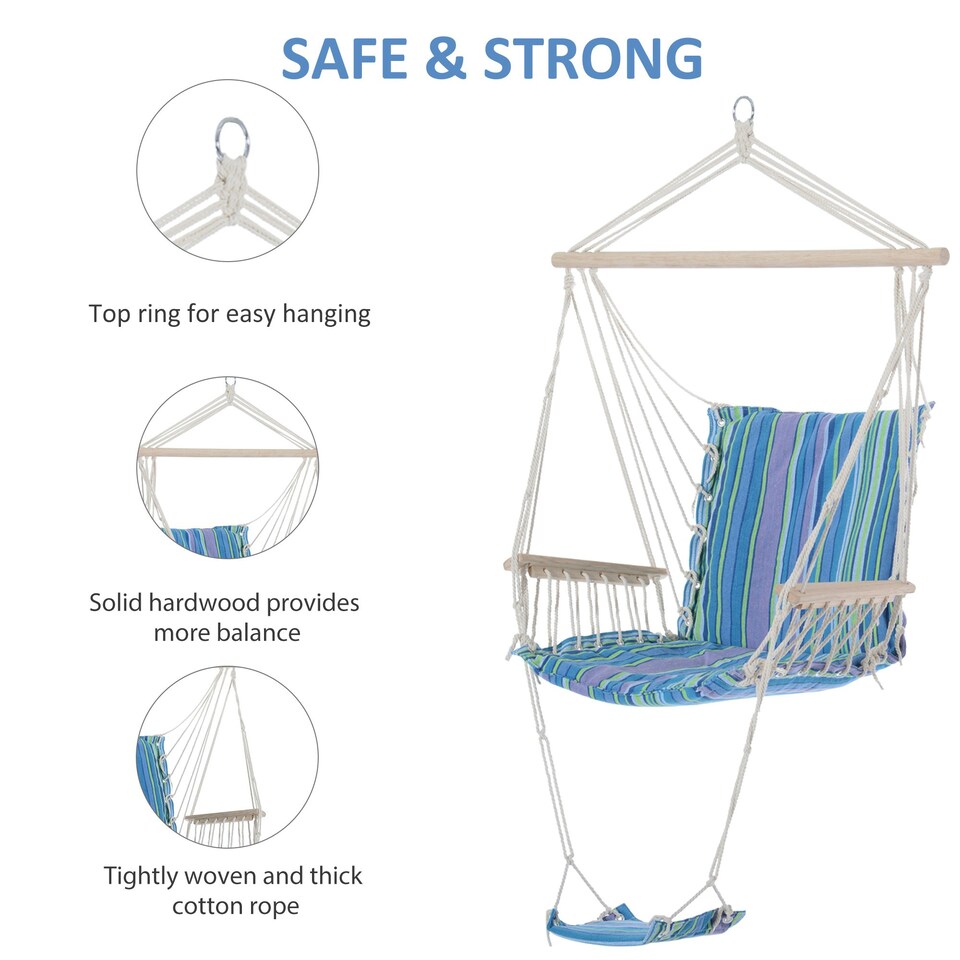 image 1 of Outsunny Garden Hammock w/ Footrest Armrest Swing Seat Hanging Blue