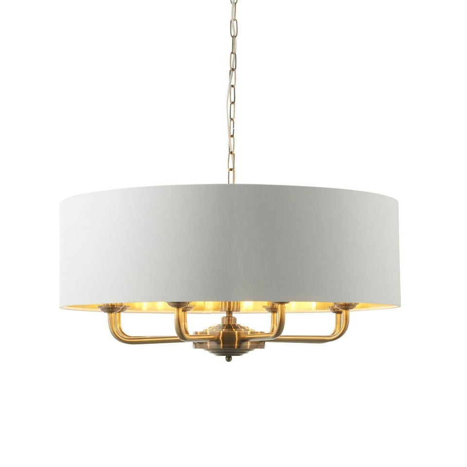 image 1 of Highclere Single Shade Pendant Ceiling Lamp, Antique Brass Plate, Vintage White Fabric