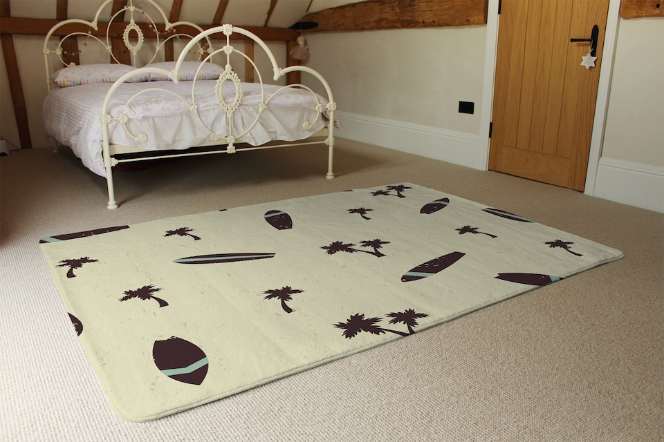 image 1 of Surf Board & Palm Silhouettes Rug | Multi