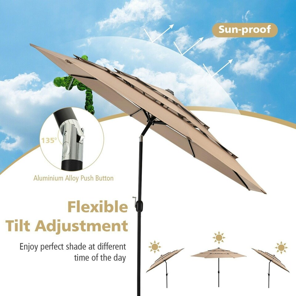 image 1 of COSTWAY 3-Tier Patio Umbrella Double Vented Crank Market Parasol Brown
